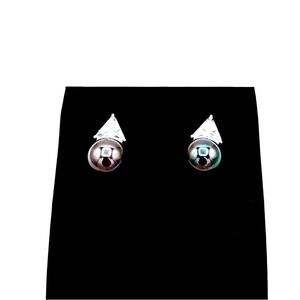 RJ sterling silver triangle diamonique (cz) stud iridescent black pearl earrings